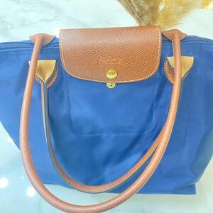 Longchamp Blue Tote with Brown Accents, with organizer